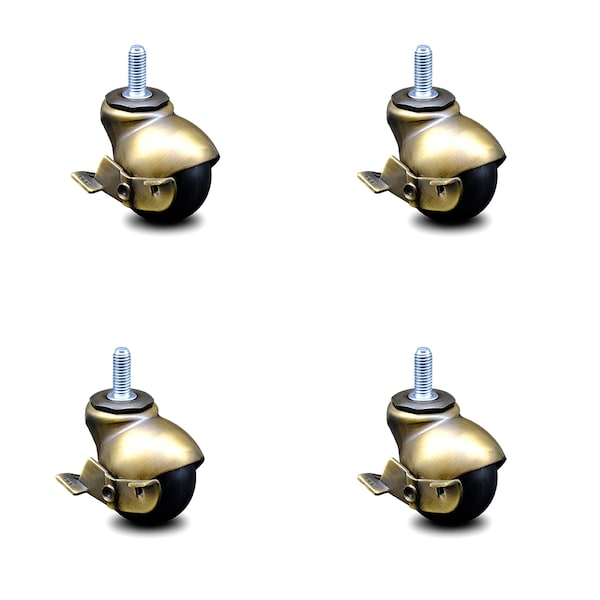 2 Inch Antique Brass Hooded 3/8 Inch Threaded Stem Ball Casters with Brake, 4PK